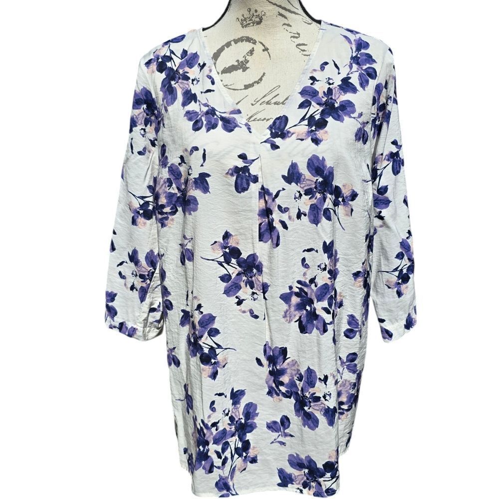 J. Jill -627 Womens White Purple Floral 3/4 Sleeves V-Neck Pullover Tunic Top MP